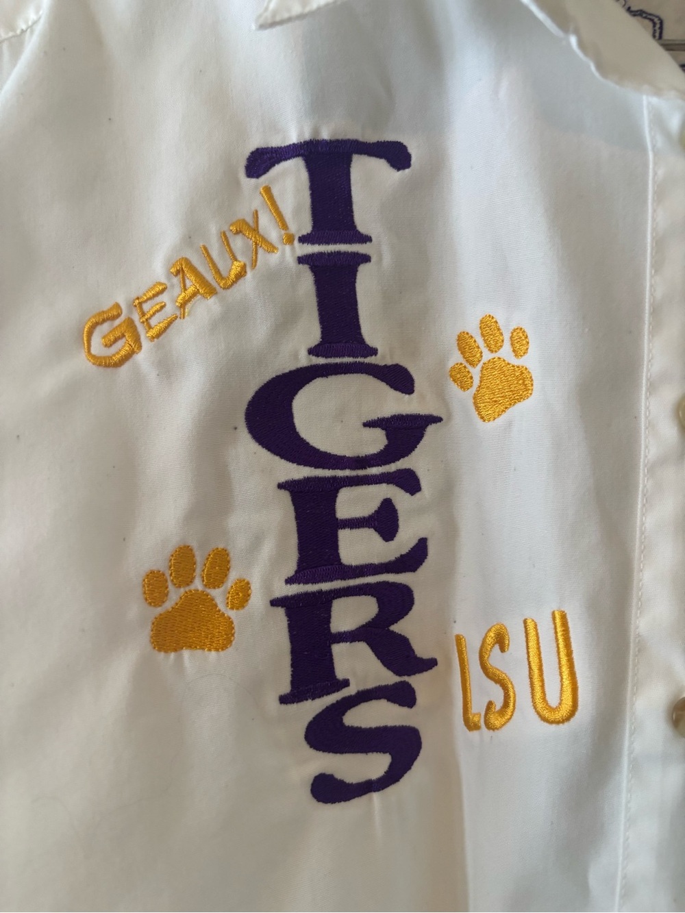 LSU Tigers Embroidered White Button-Down Short Sleeve Shirt - Picture 3 of 11